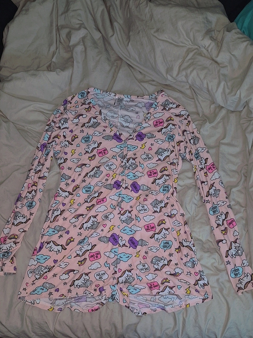 Fashion Nova Pink Unicorn & Cloud Print Long-Sleeve Sleep Romper